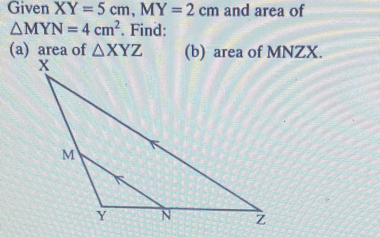 Given XY =5 cm. MY = 2 cm and area of AMYN =4 cm