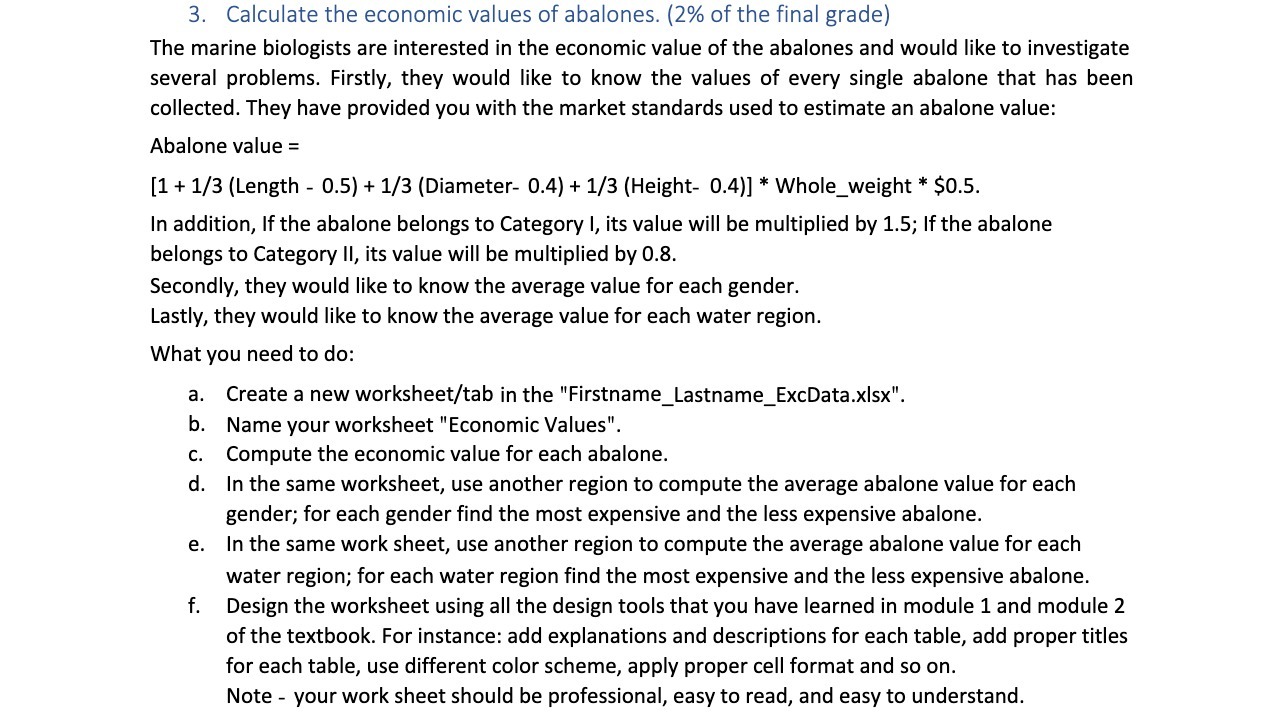 3. Calculate the economic values ofabalones. (2%