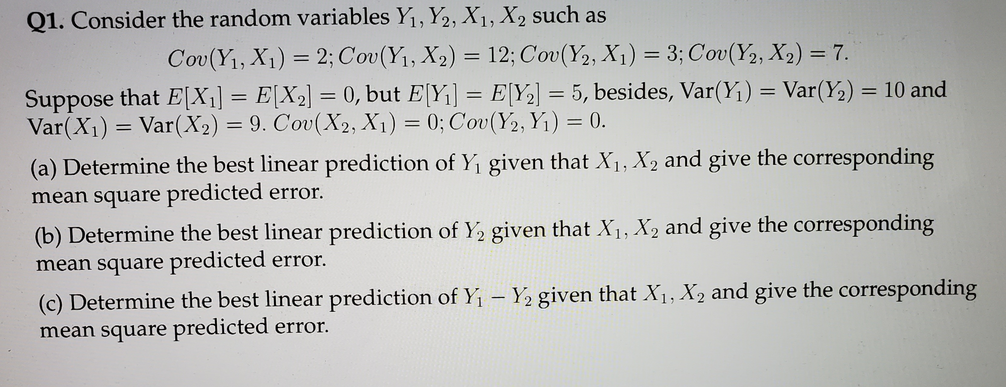 Q1. Consider the random variables Y1, Y2, X1, X2