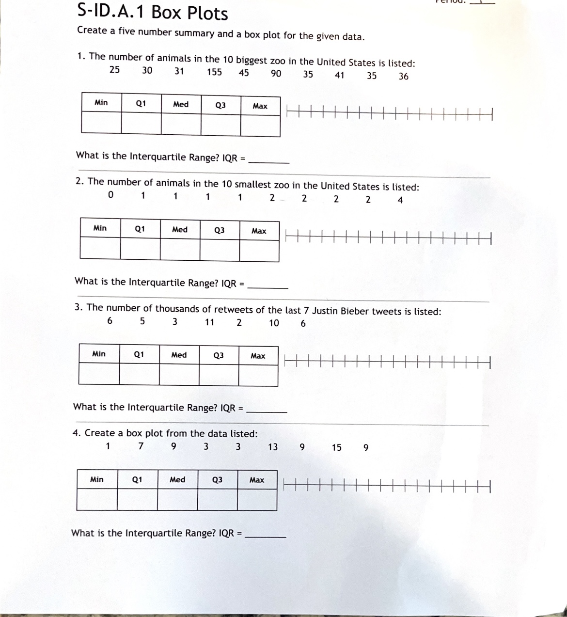 S-ID.A. 1 Box Plots Create a five number summary