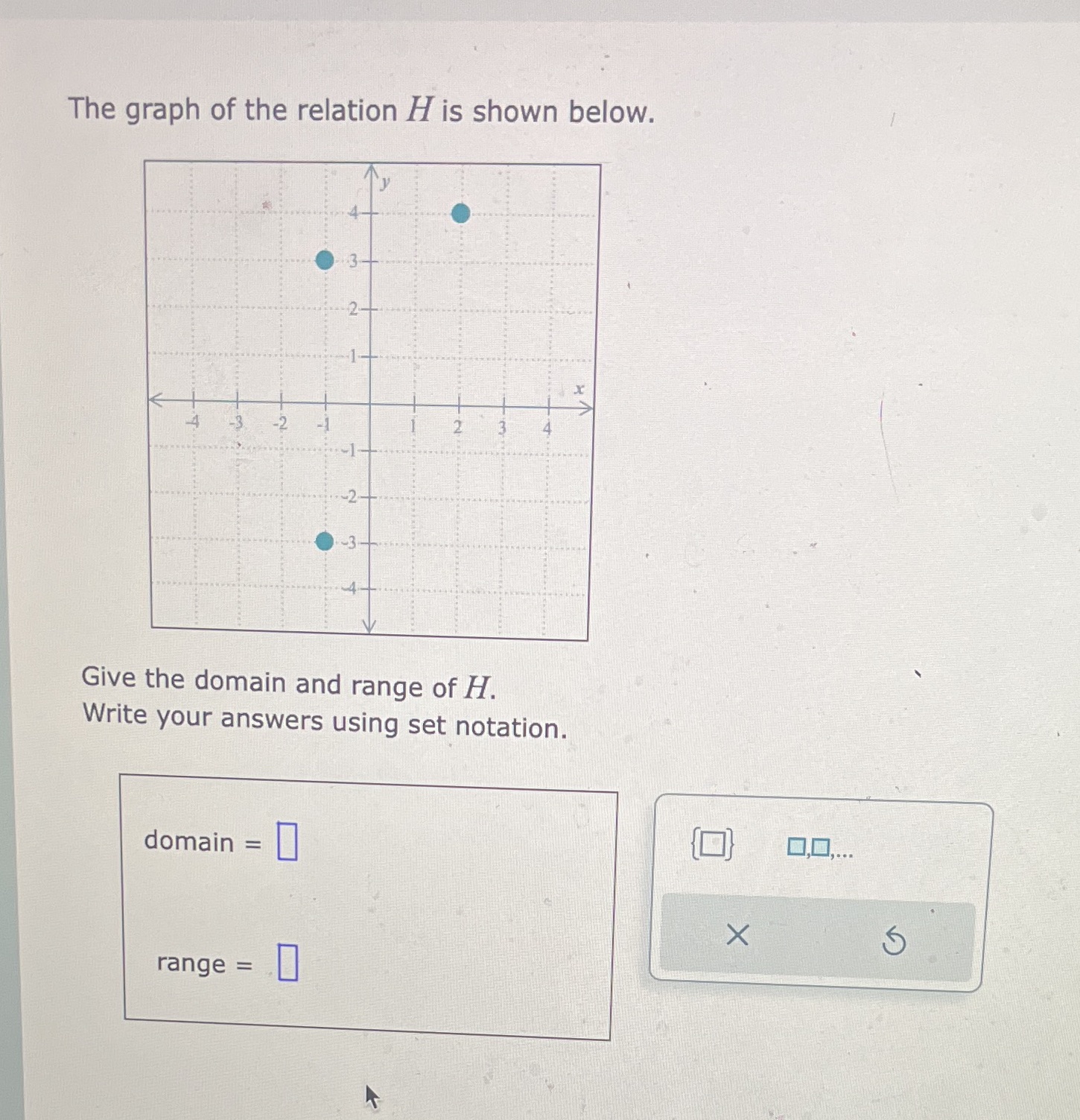The graph of the relation H is shown below. Give