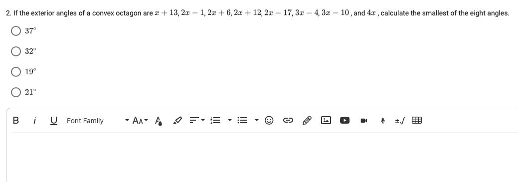 2. If the exterior angles of a convex octagon are