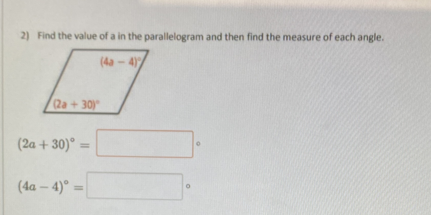 2) Find the value of a in the parallelogram and