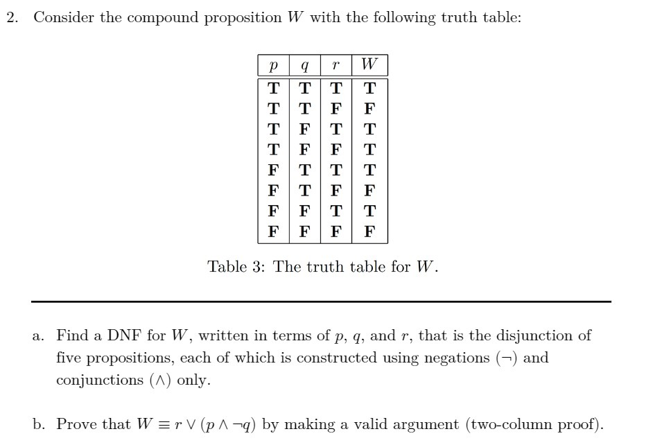 2. Consider the compound proposition W with the