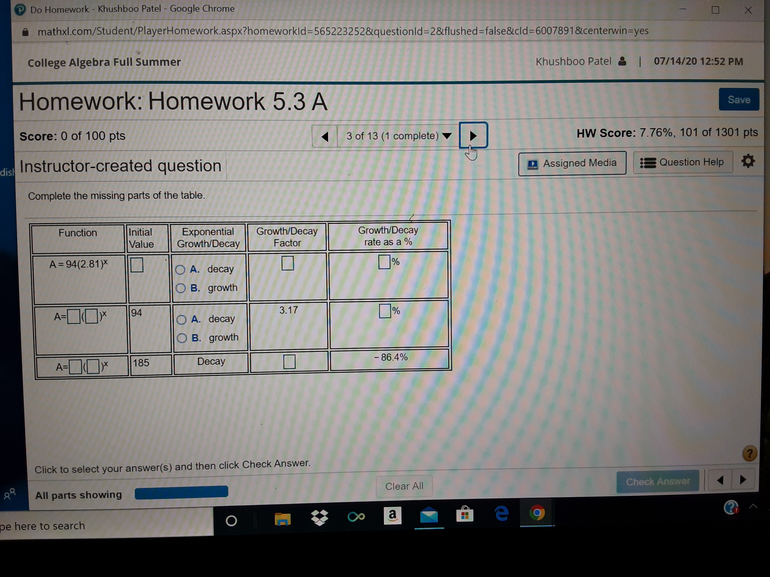 Complete the following missing table Do Homework