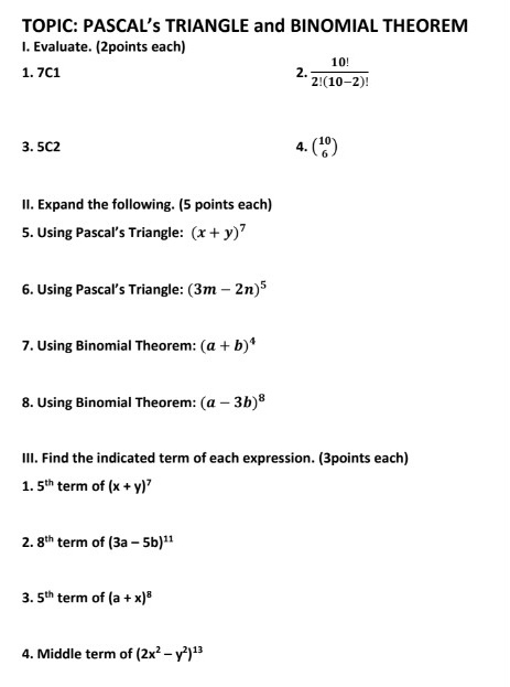 TOPIC: PASCAL's TRIANGLE and BINOMIAL