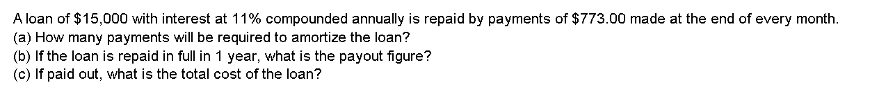 A loan of $15,000 with interest at 11% compounded