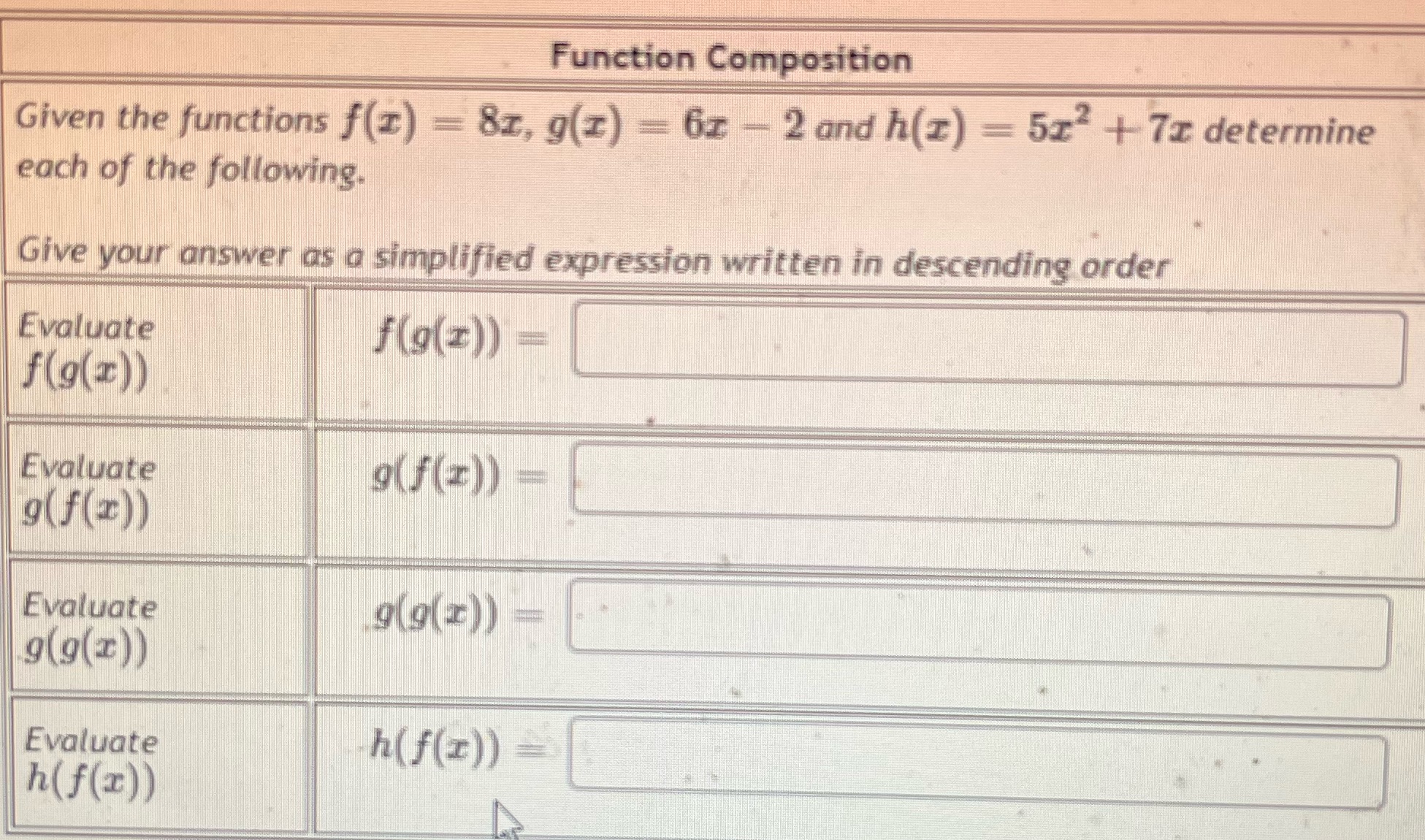 Function Composition Given the functions f(x) -