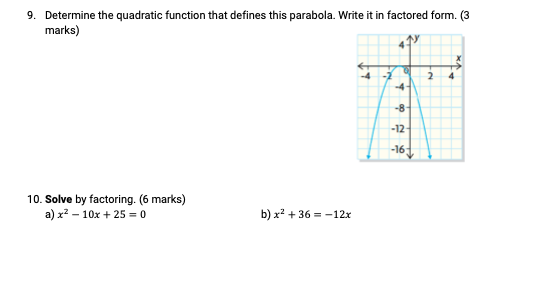 9. Determine the quadratic function that defines