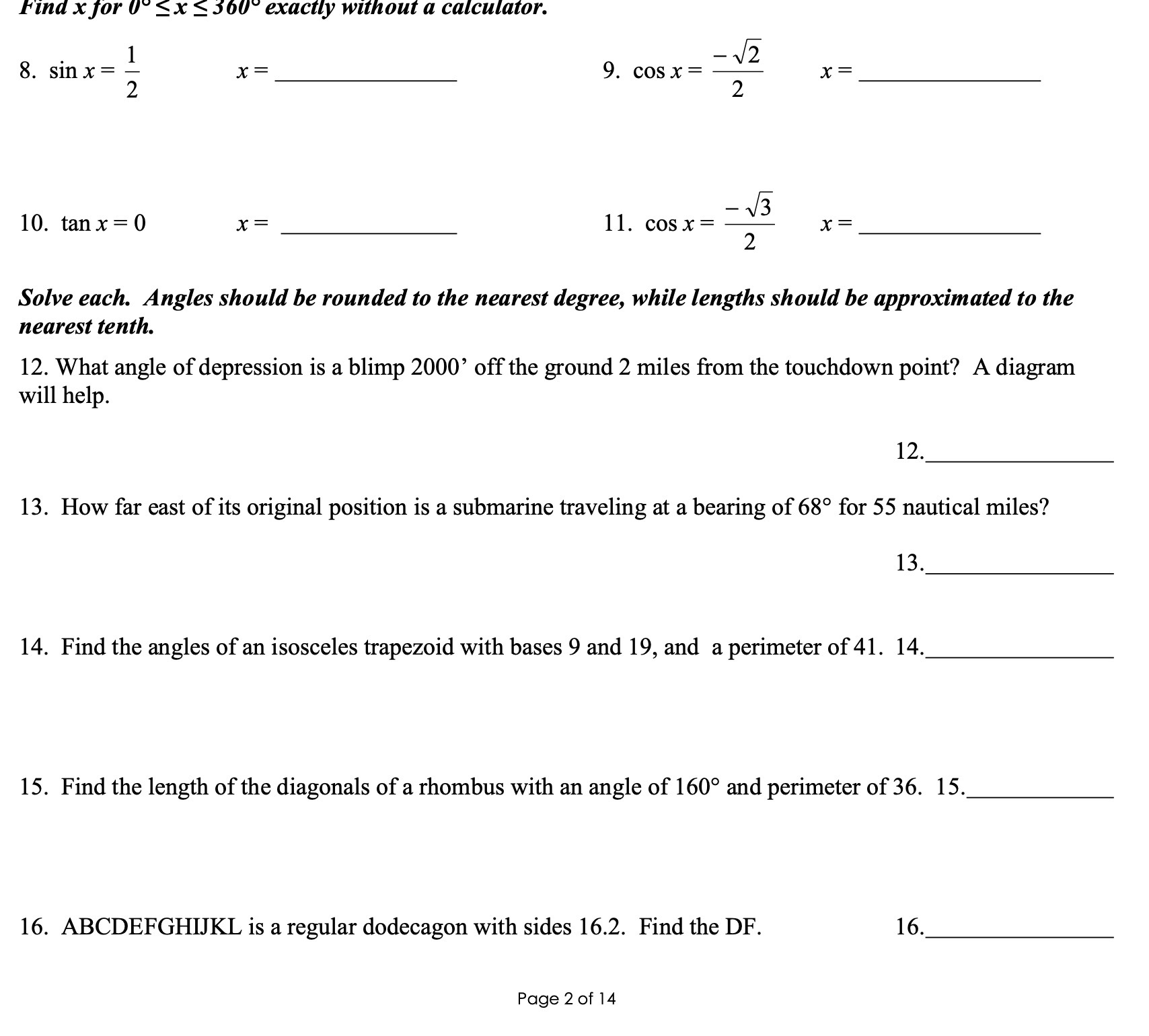 Find x for 0 _x _ 360 exactly without a
