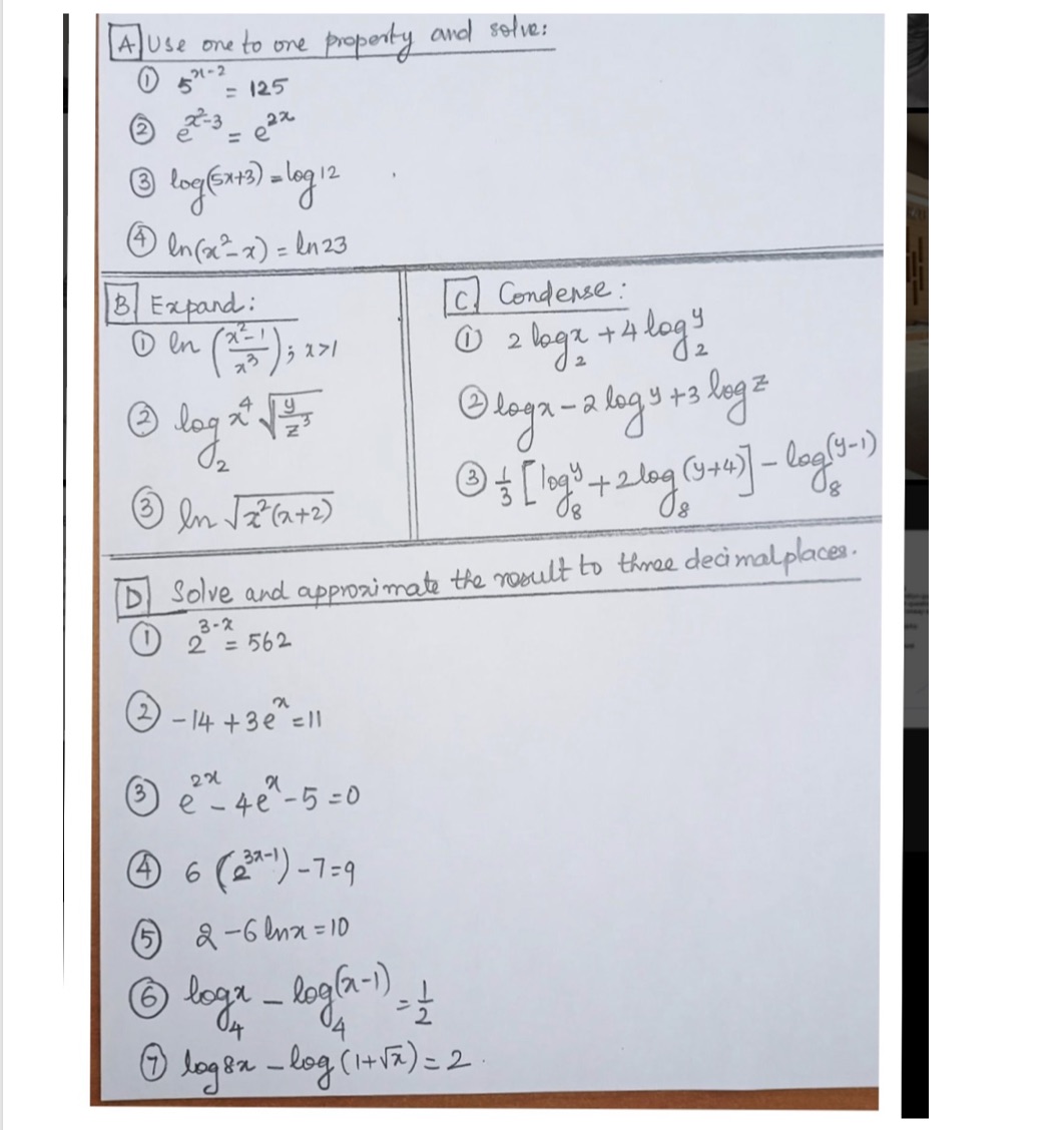 Please solve (logarithmic questions) A Use one to