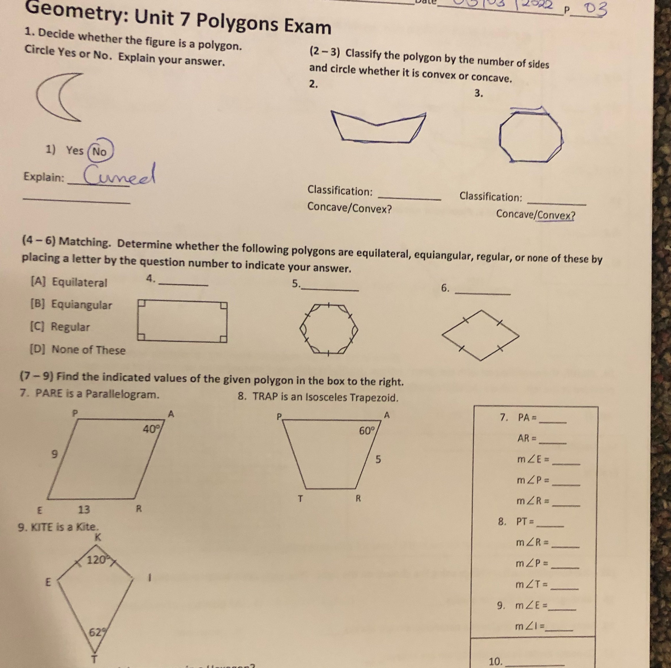 2022 03 Geometry: Unit 7 Polygons Exam 1. Decide