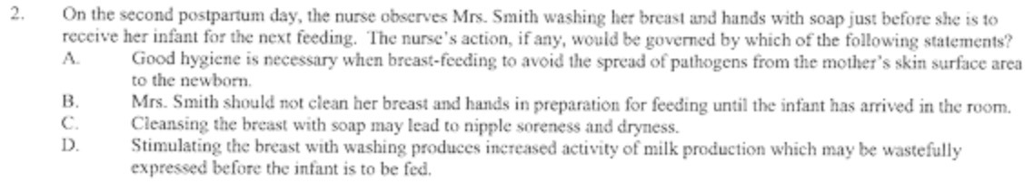 2. On the second postpartum day, the nurse