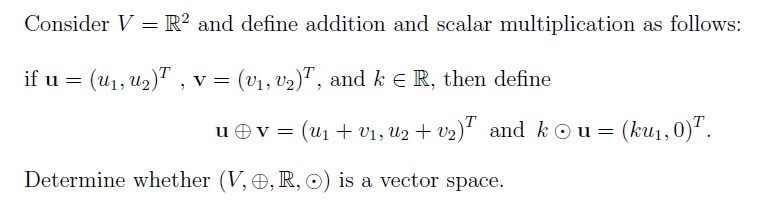 Consider V = R2 and define addition and scalar