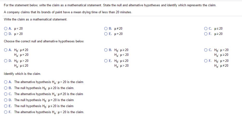 For the statement?below, write the claim as a