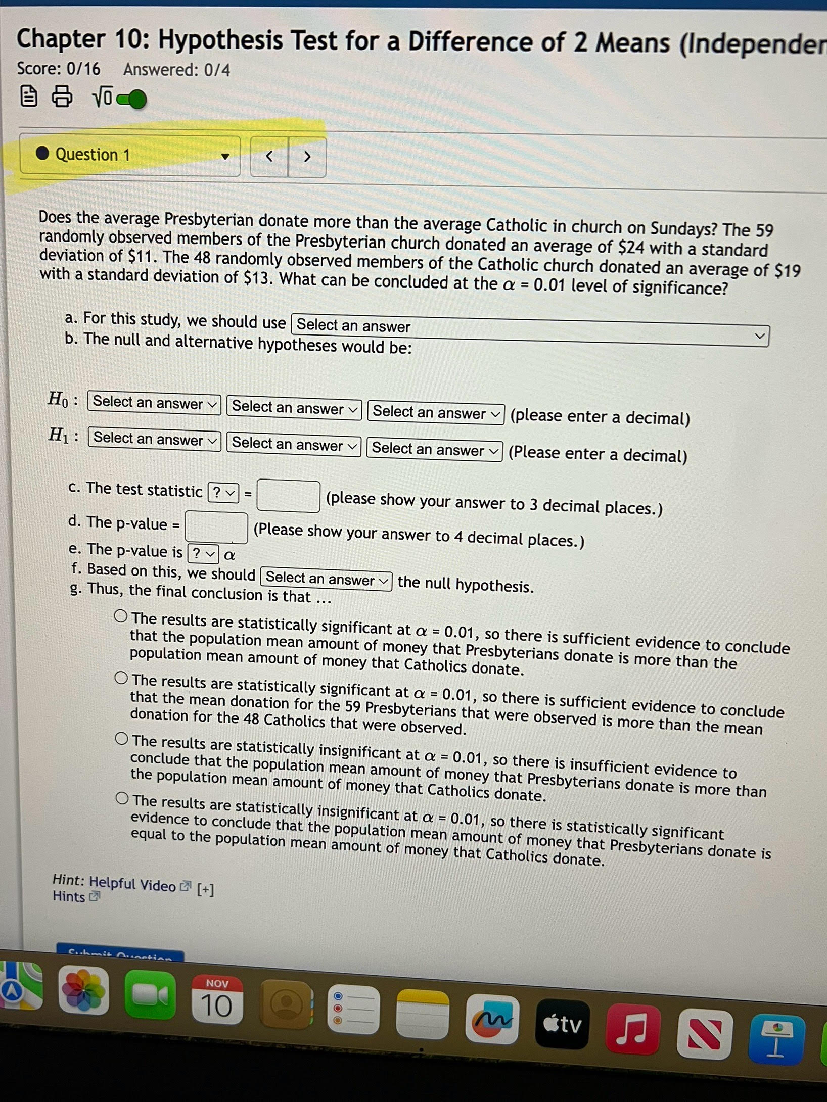 Chapter 10: Hypothesis Test for a Difference of 2