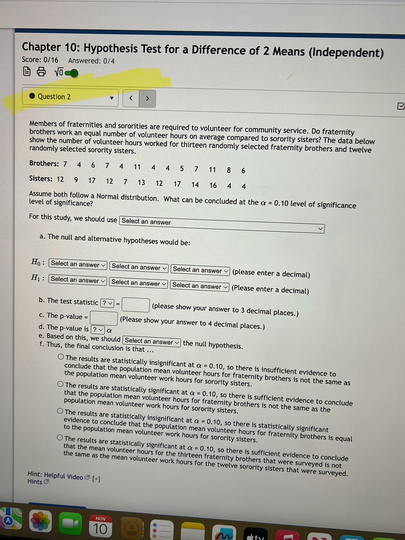 Chapter 10: Hypothesis Test for a Difference of 2