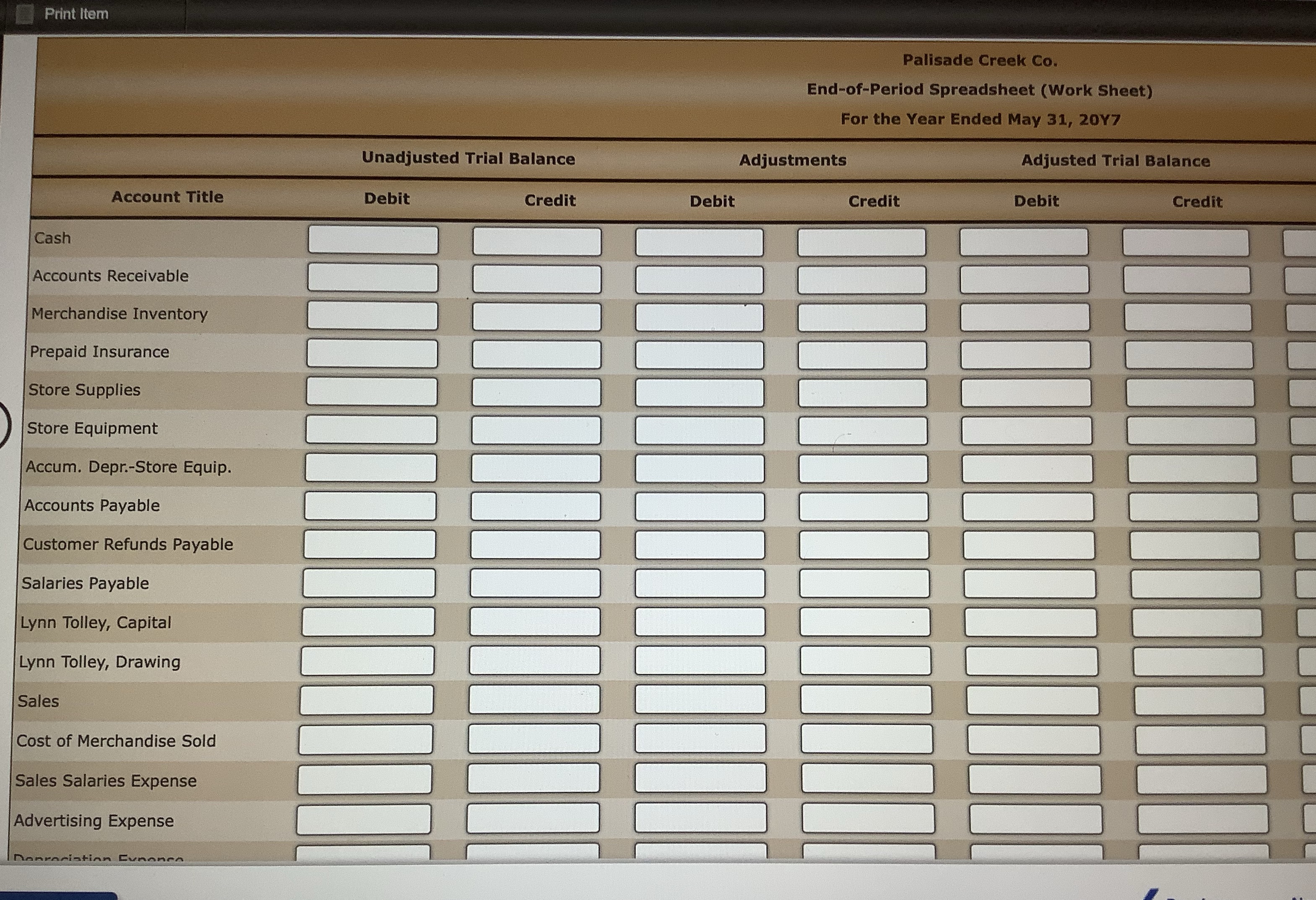 Print Item Palisade Creek Co. End-of-Period