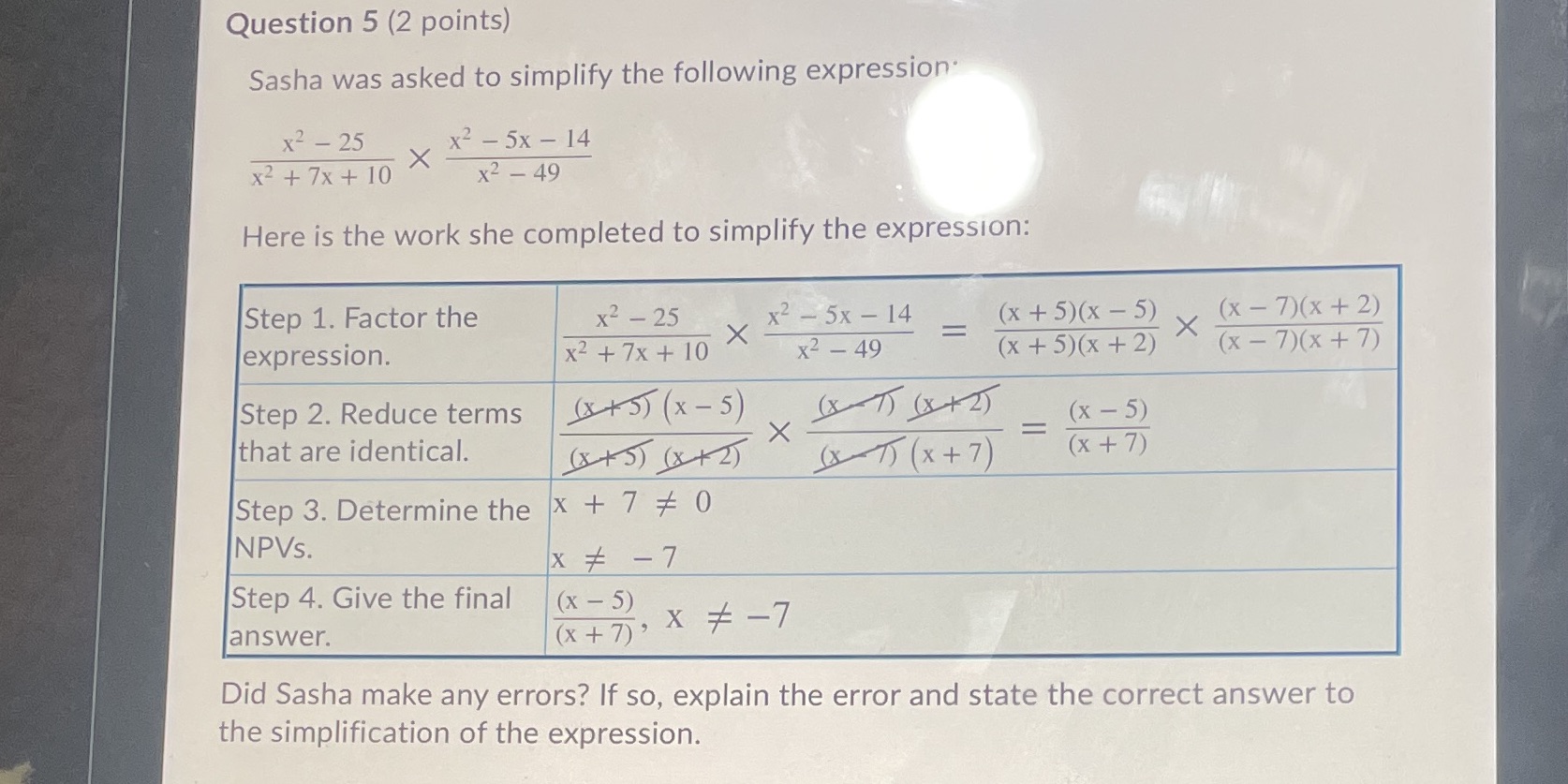 Question 5 (2 points) Sasha was asked to simplify