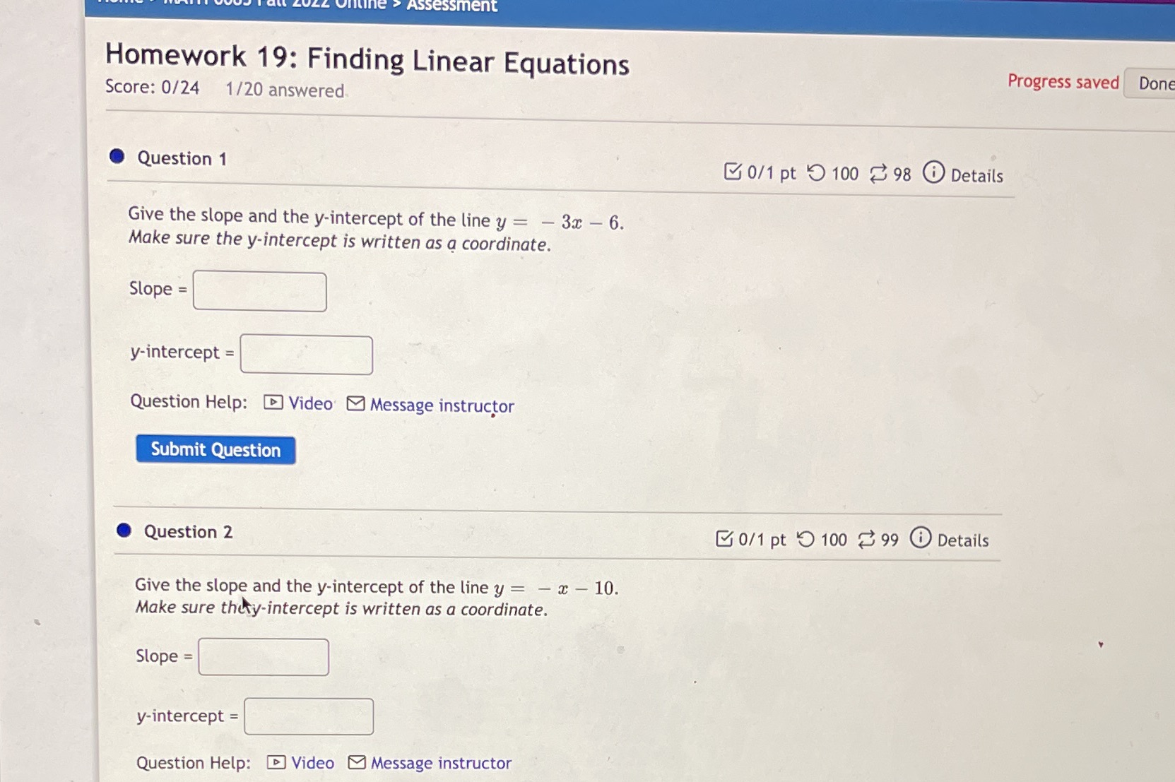 Homework 19: Finding Linear Equations Progress