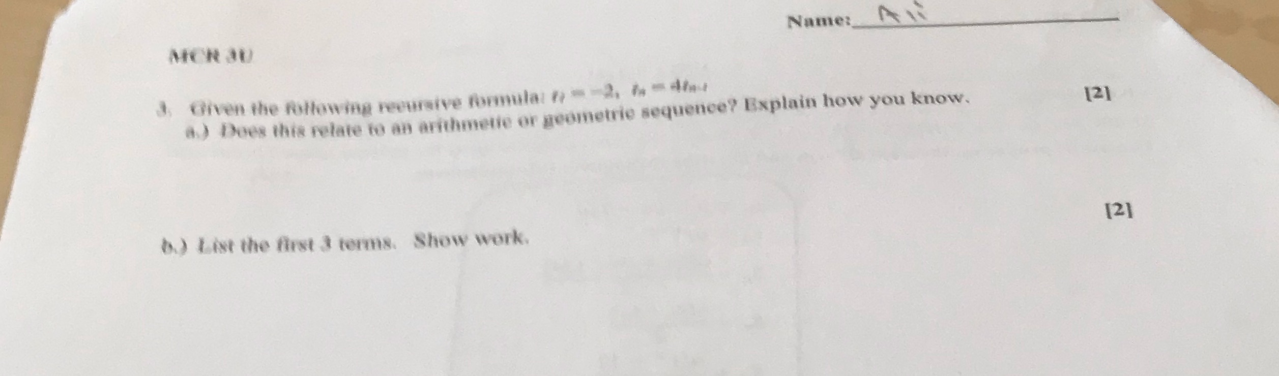 Answer MCR JU Name:_ 3. Given the following