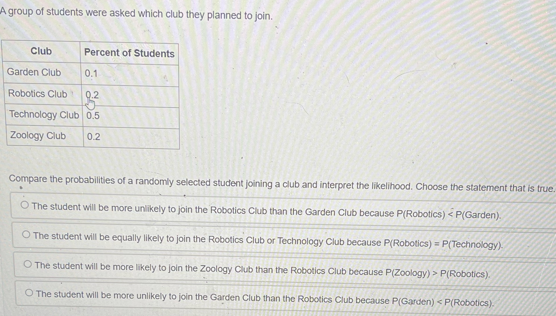 A group of students were asked which club they