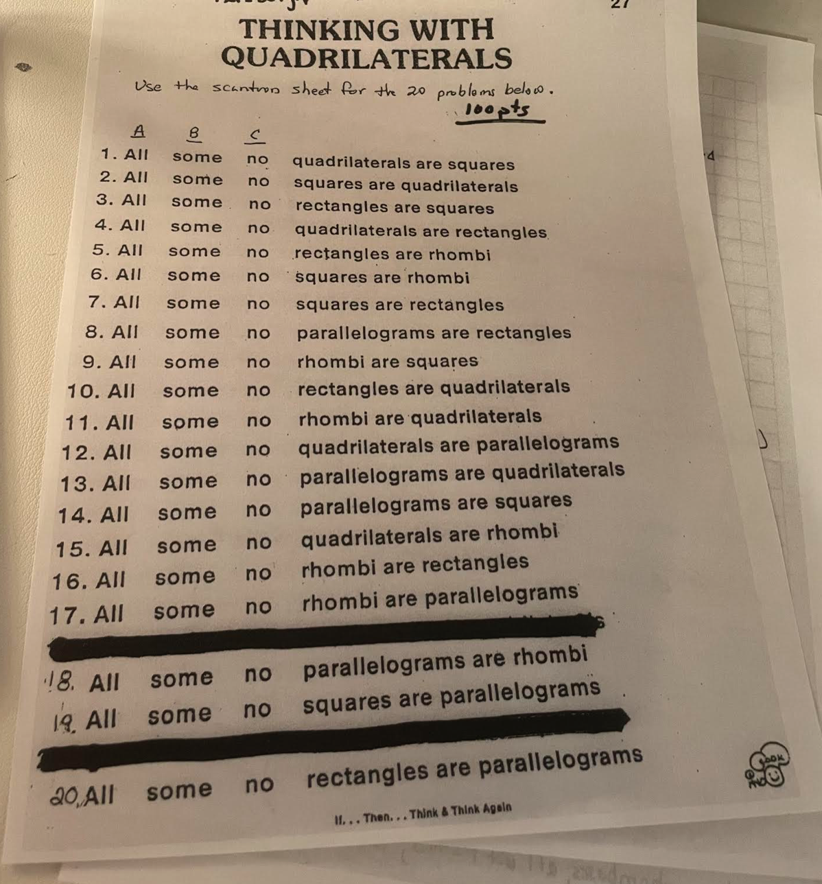 THINKING WITH QUADRILATERALS Use the scantron