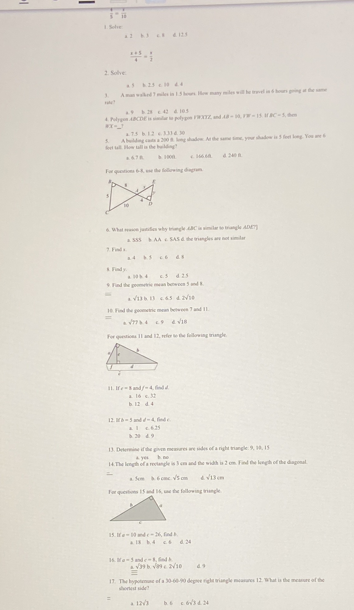 1-17 please and thank you 5 10 1. Solve: a. 2 b.