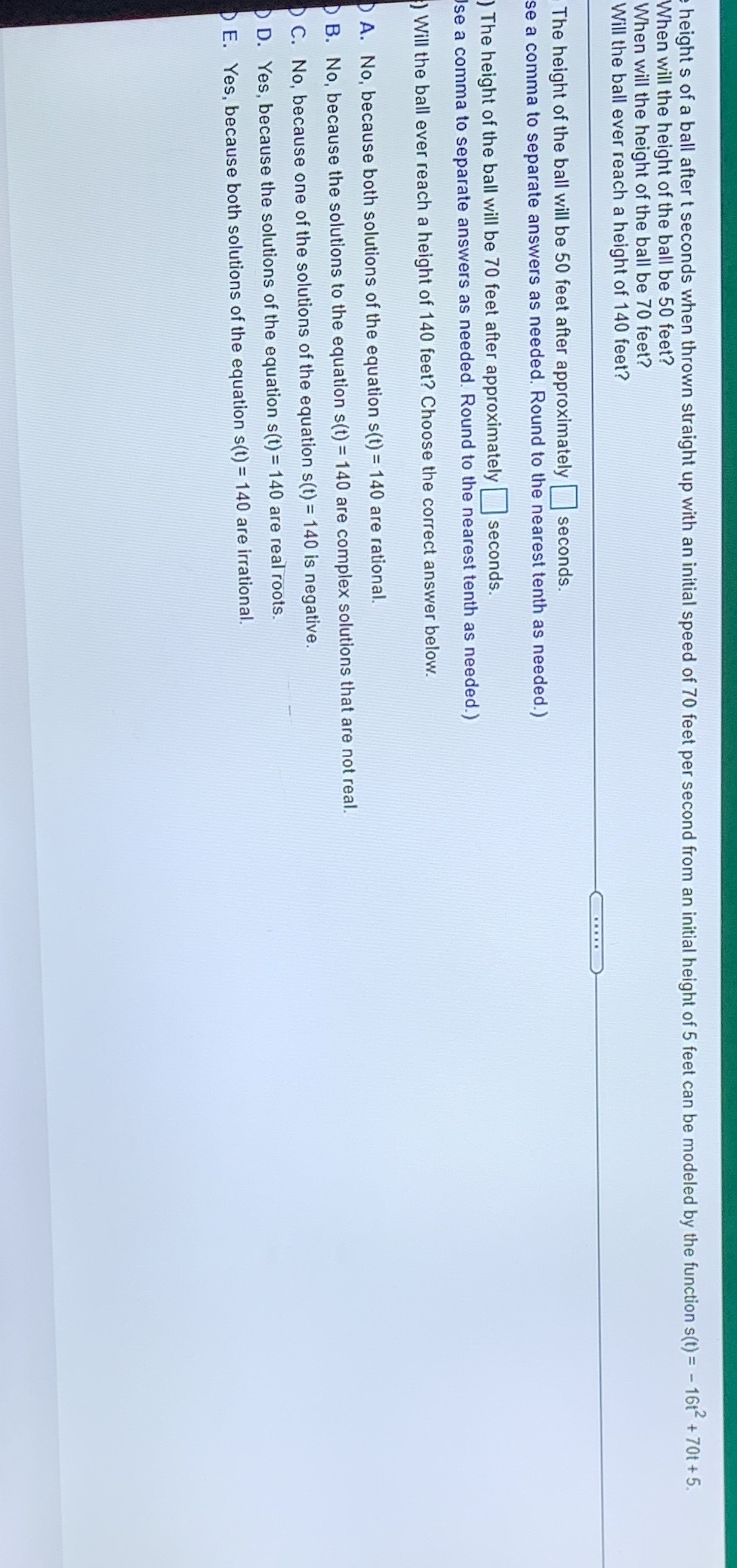 height s of a ball after t seconds when thrown