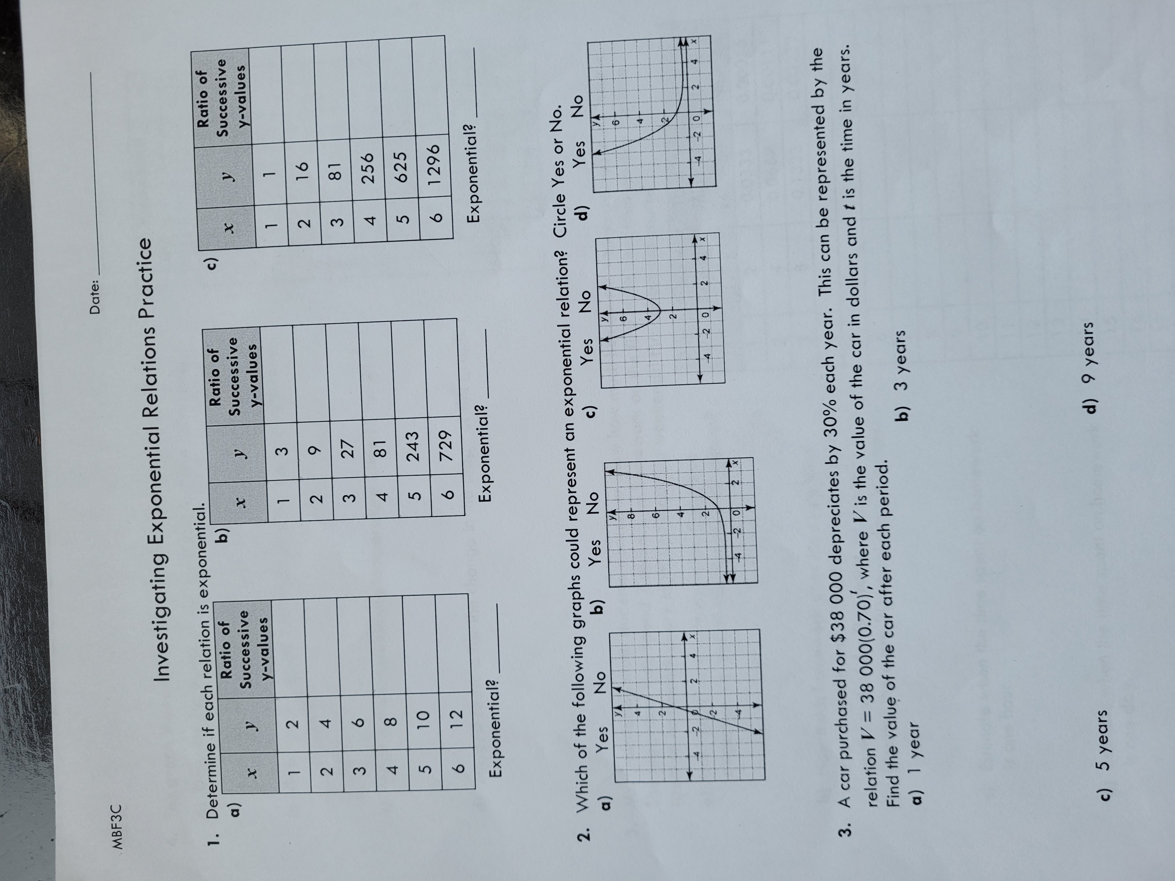 MBF3C Date: Investigating Exponential Relations