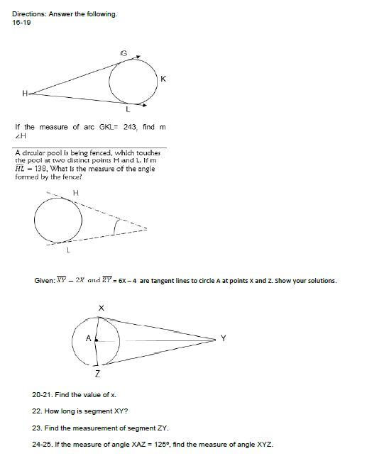 Directions: Answer the following- 16-19 G K H If