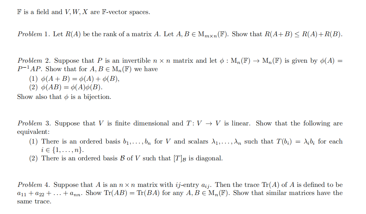 F is a field and V, W, X are F-vector spaces.