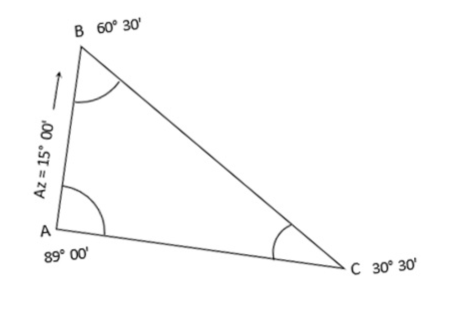 a) Find the azimuth of lines BC and CA. b) Find
