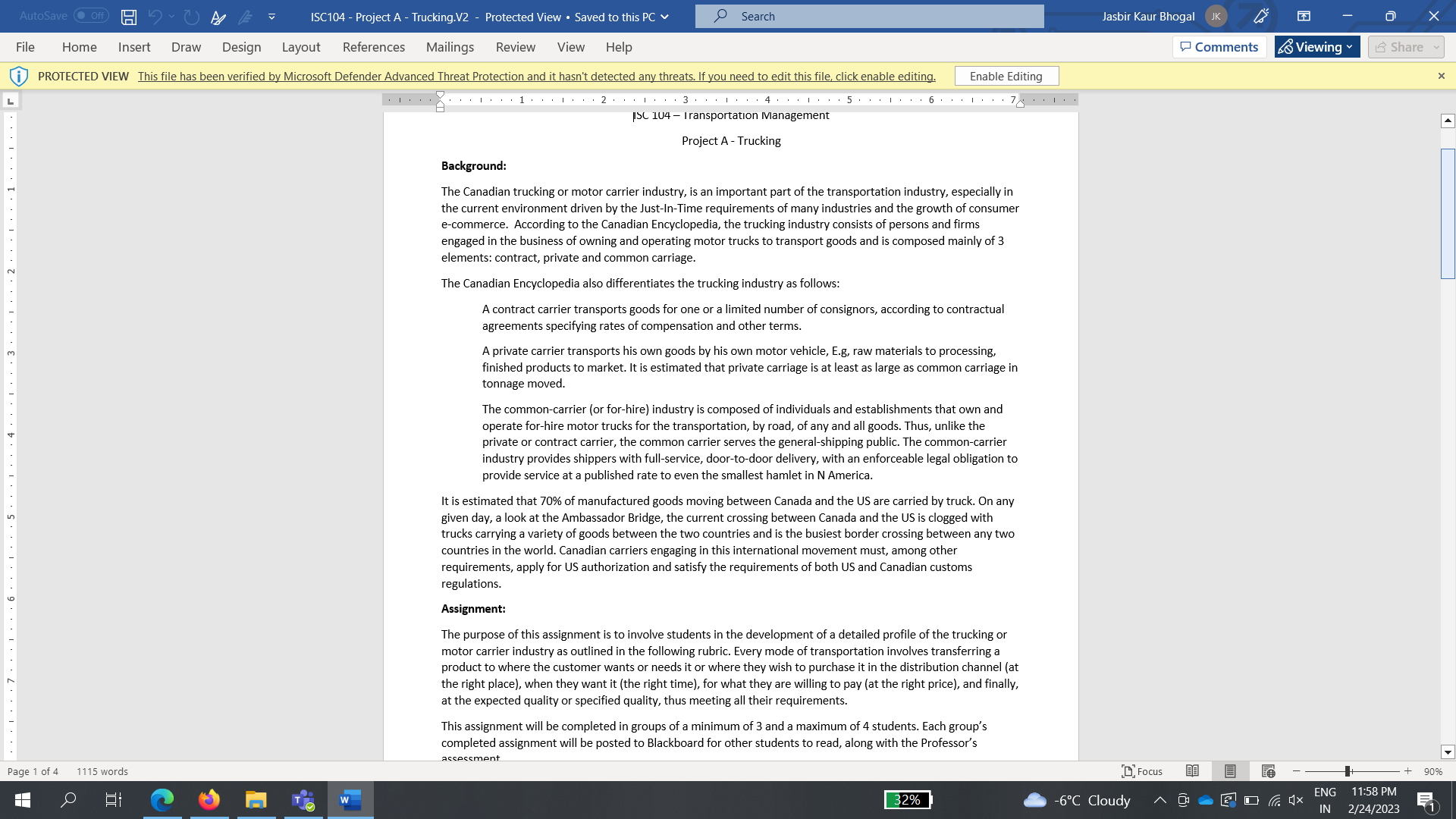 AutoSave . Off) ISC104 - Project A - Trucking.V2