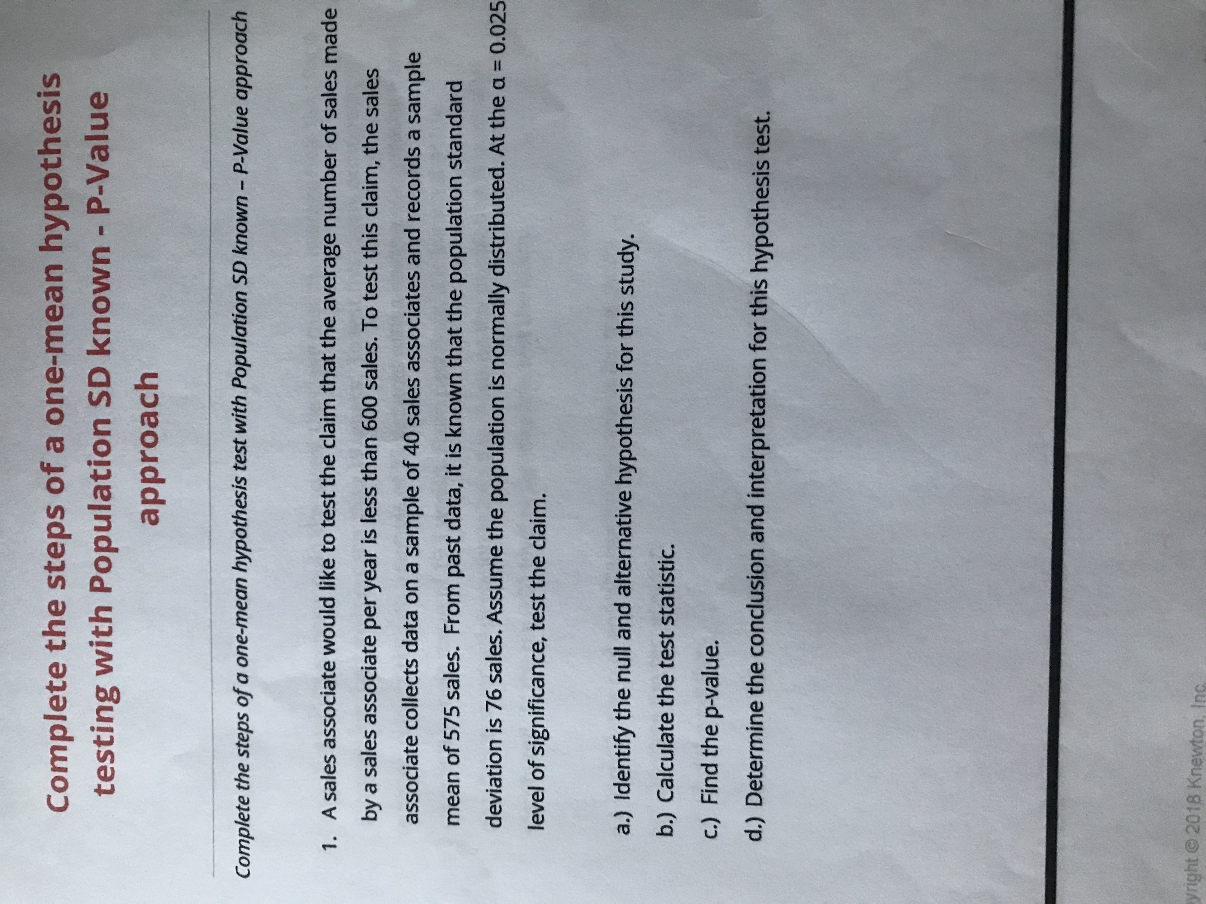 Complete the steps of a one-mean hypothesis