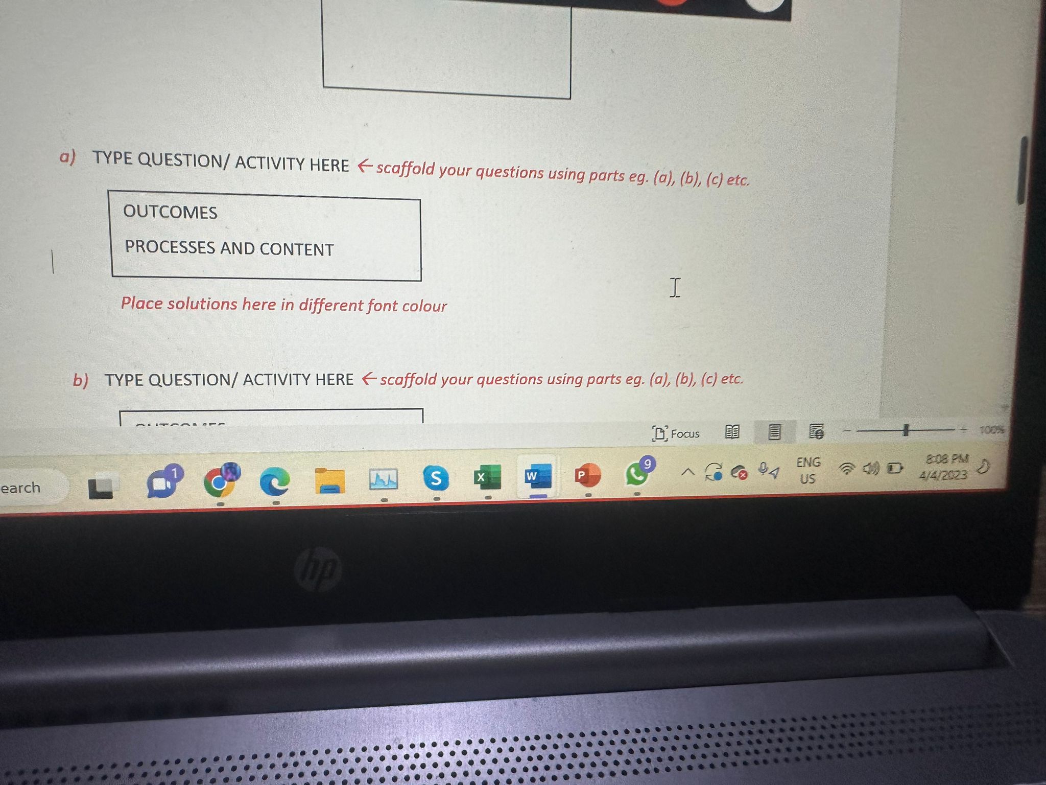a) TYPE QUESTION/ ACTIVITY HERE < scaffold your