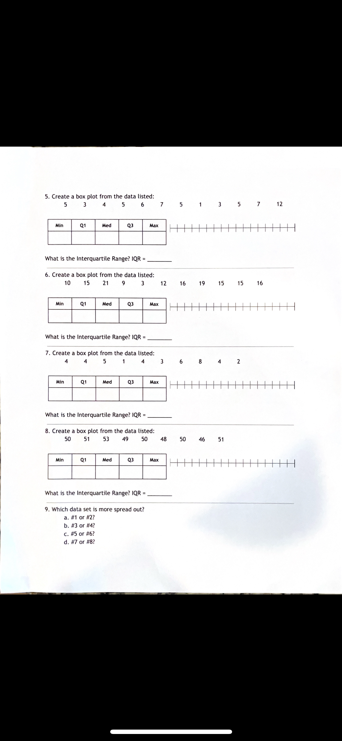 S-ID.A. 1 Box Plots Create a five number summary