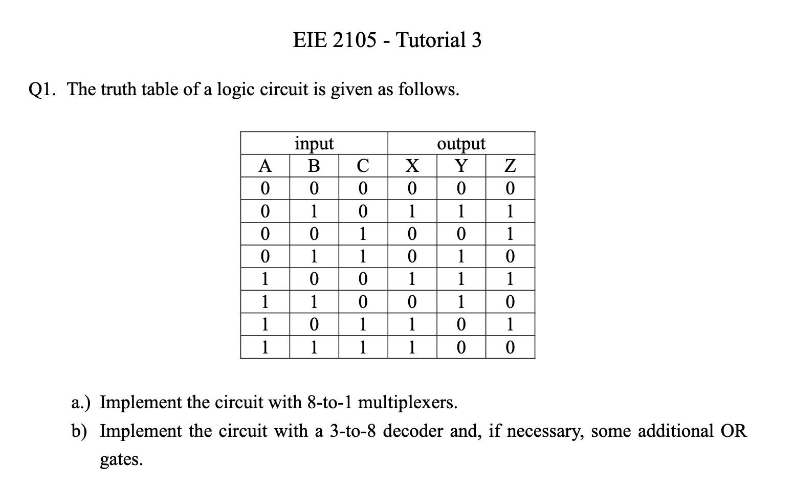 EIE 2105 - Tutorial 3 Q1. The truth table of a