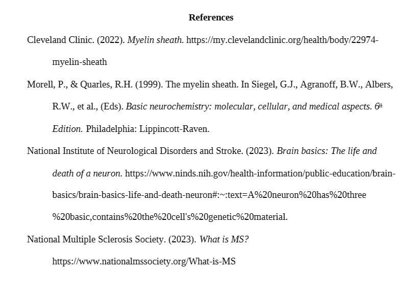 References Cleveland Clinic. (2022). Myelin