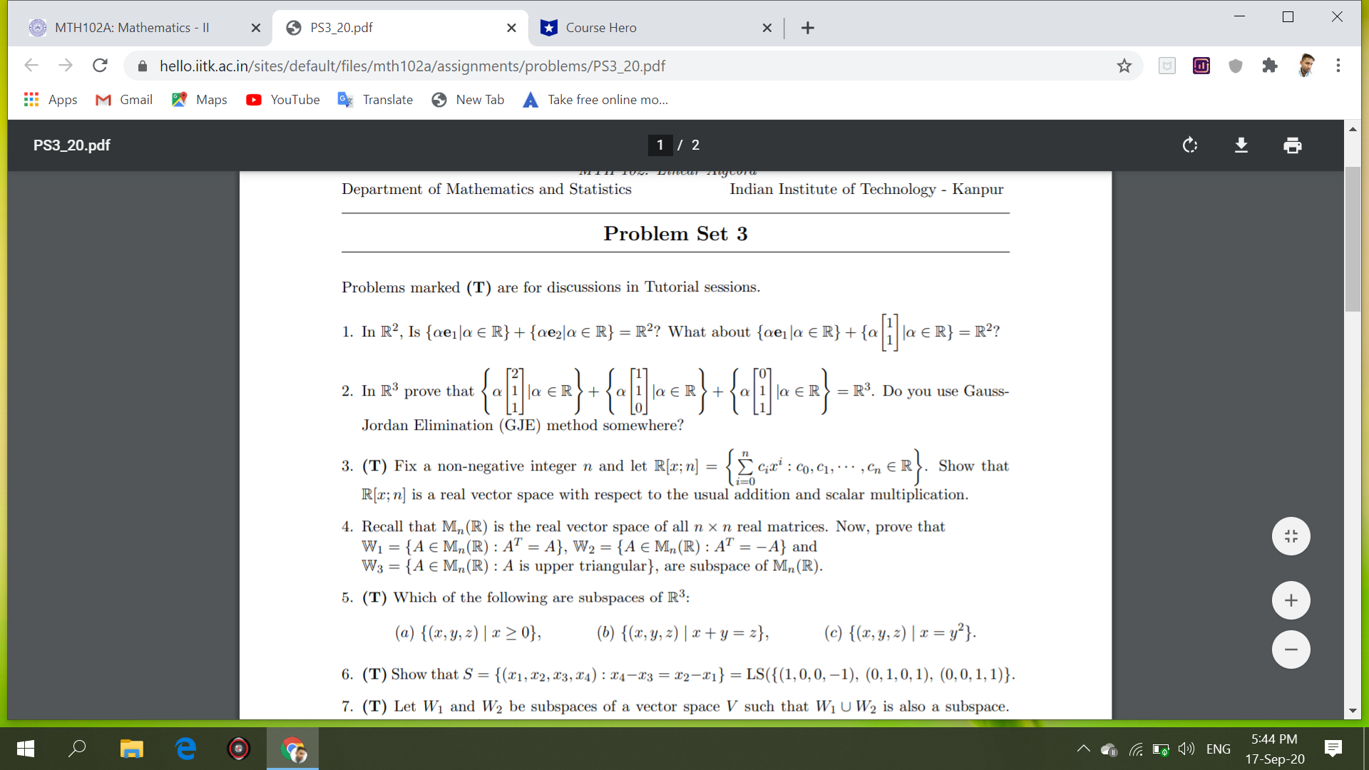 Questions 1 and 2 MTH102A: Mathematics - II X 5