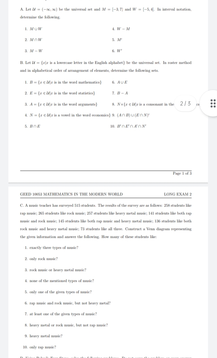 A. Let U = (-00, co) be the universal set and M =