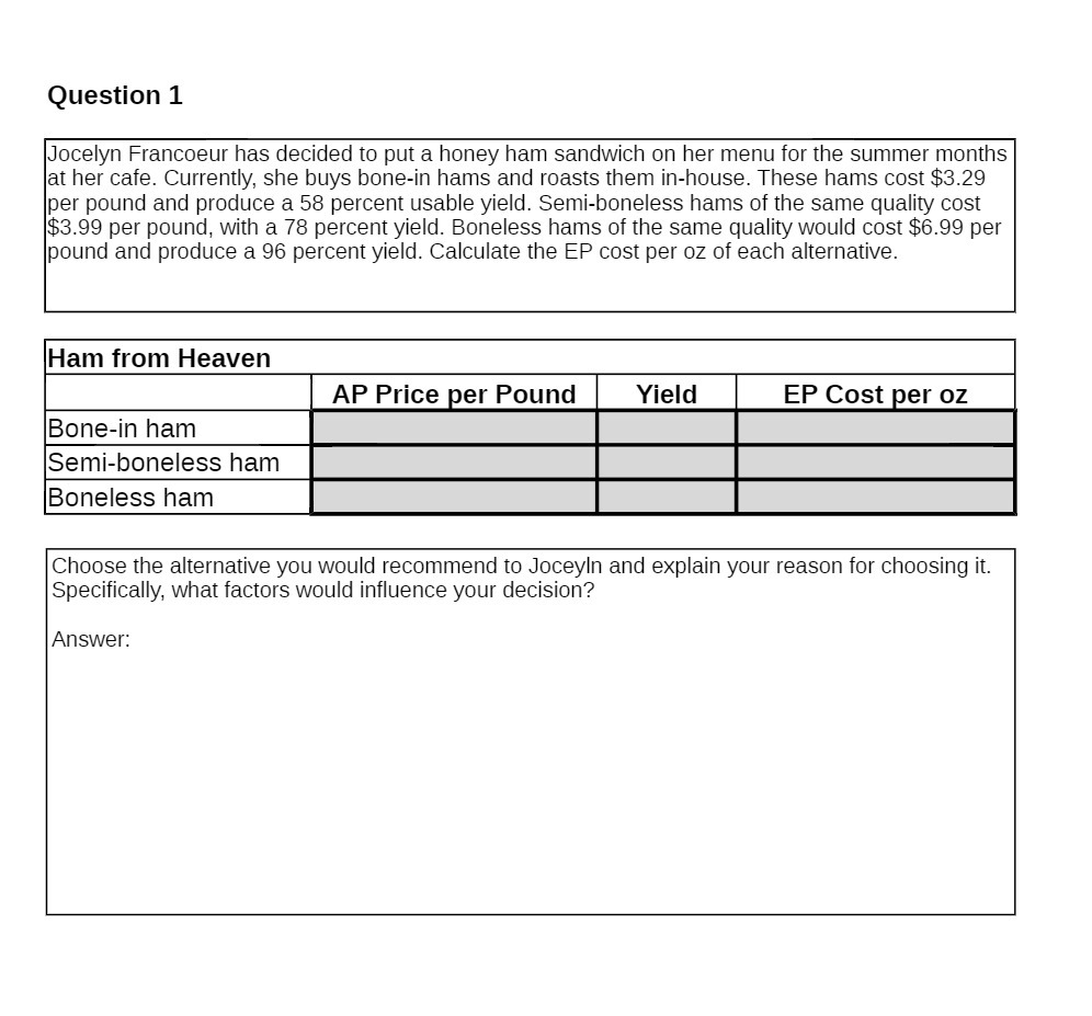 Question 1 Jocelyn Francoeur has decided to put a