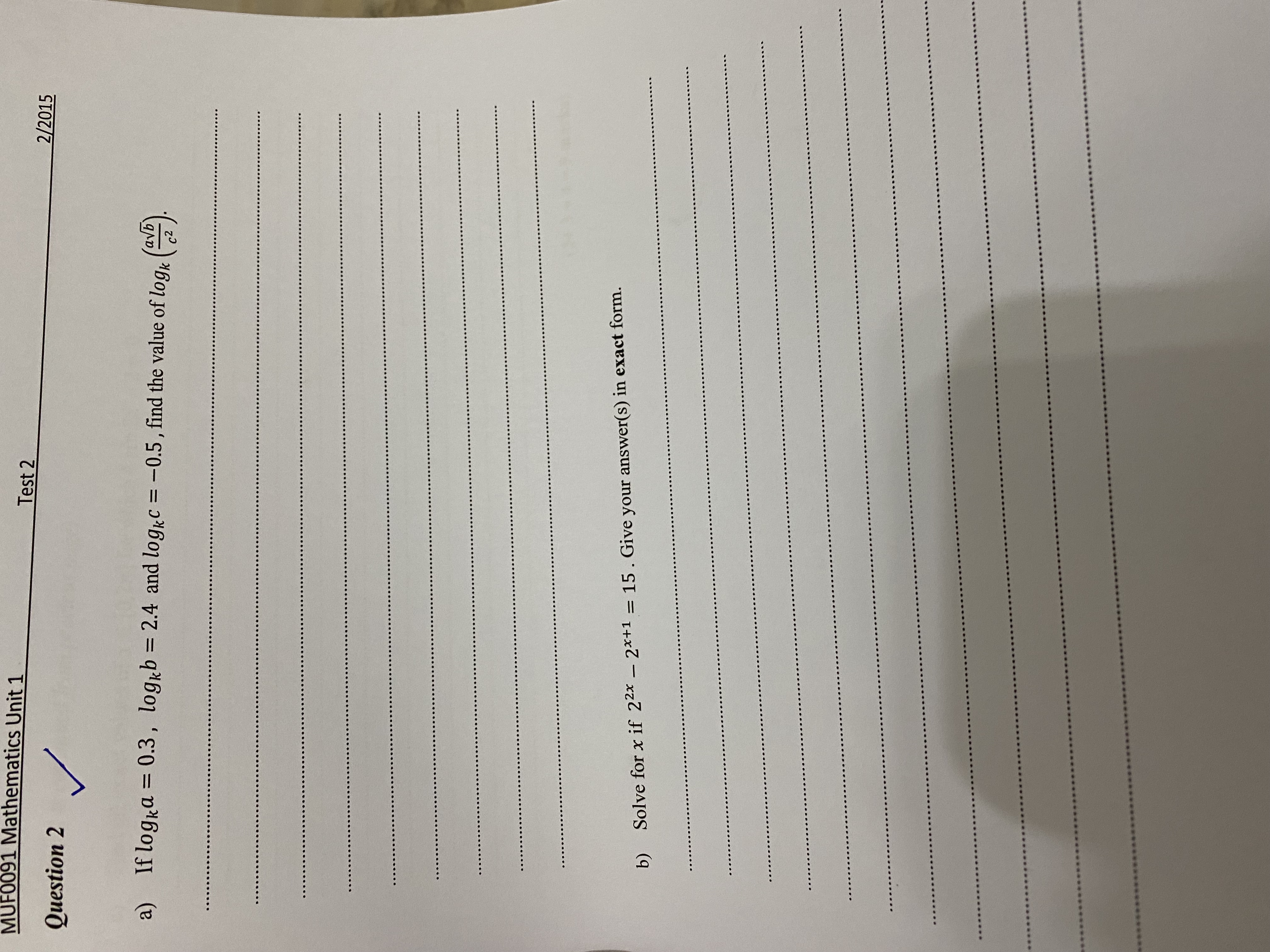 MUF0091 Mathematics Unit 1 Test 2 Question 2
