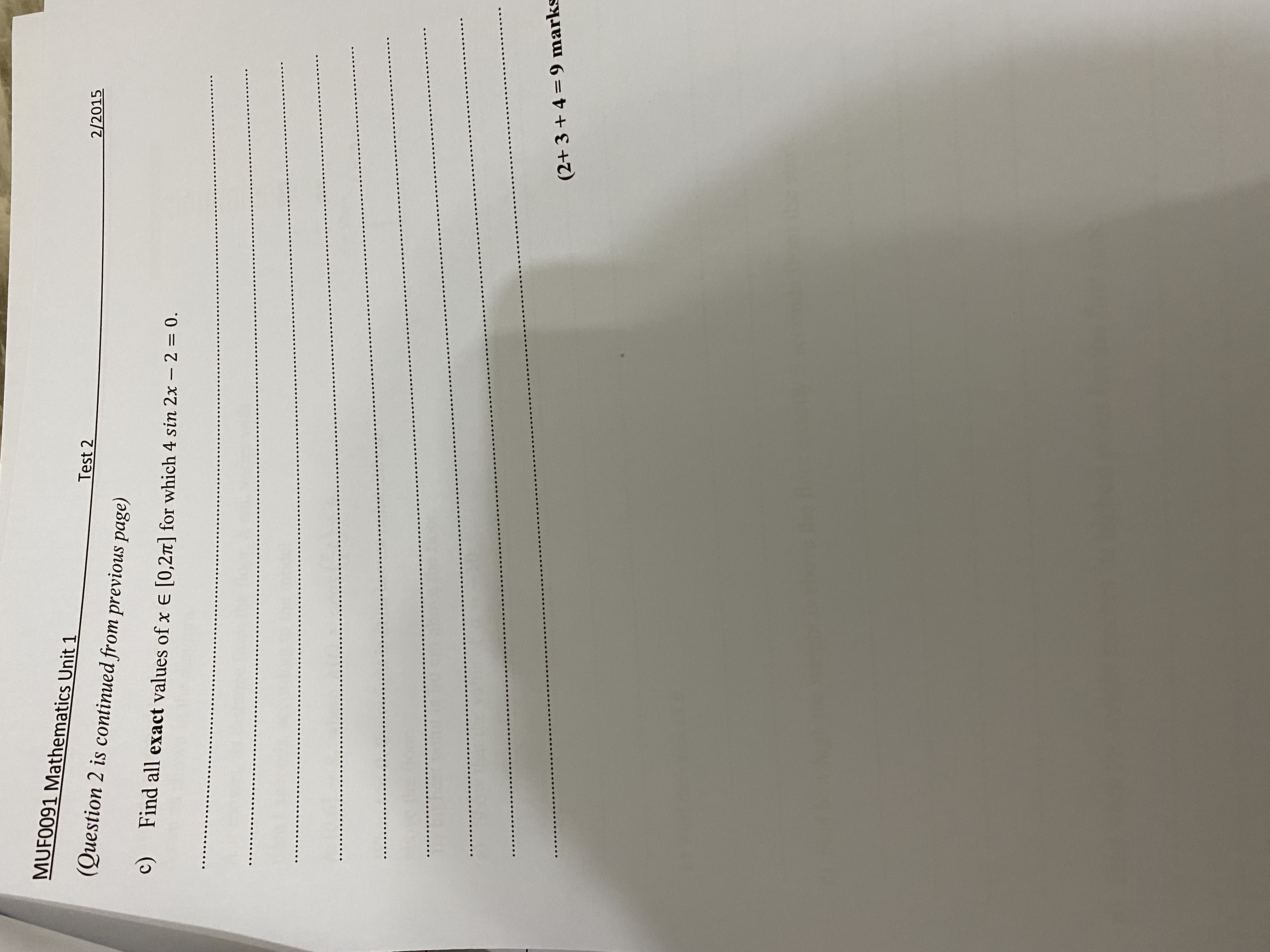 MUF0091 Mathematics Unit 1 Test 2 Question 2