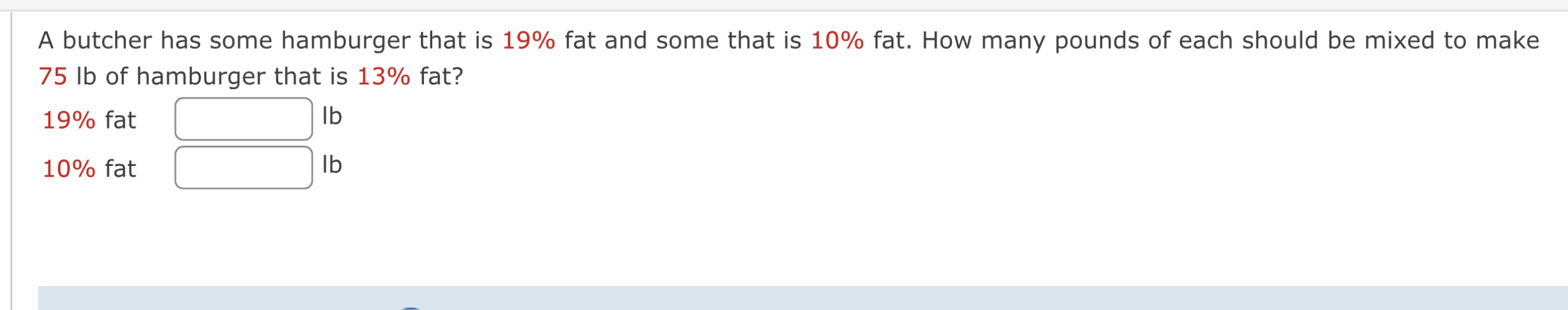 A butcher has some hamburger that is 19% fat and