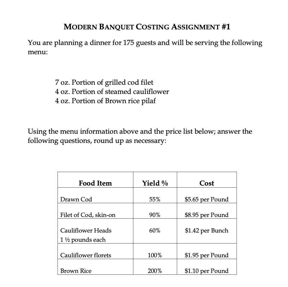 MODERN BANQUET COSTING ASSIGNMENT #1 You are