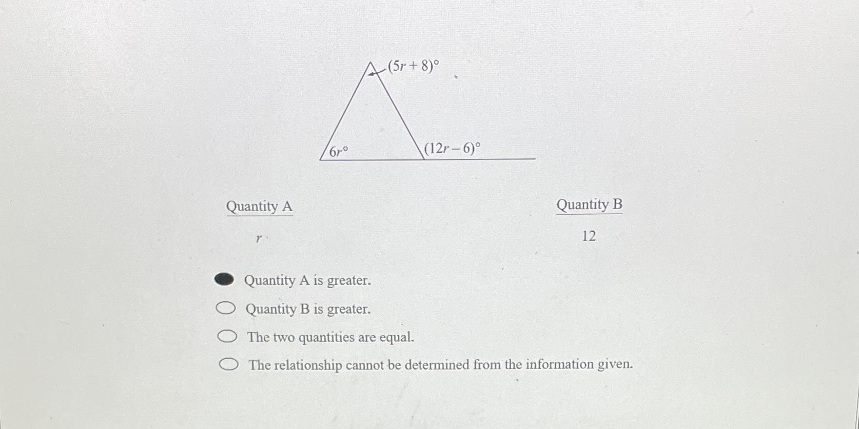 Question 6 (5r+ 8) 67-0 (12r-6) Quantity A
