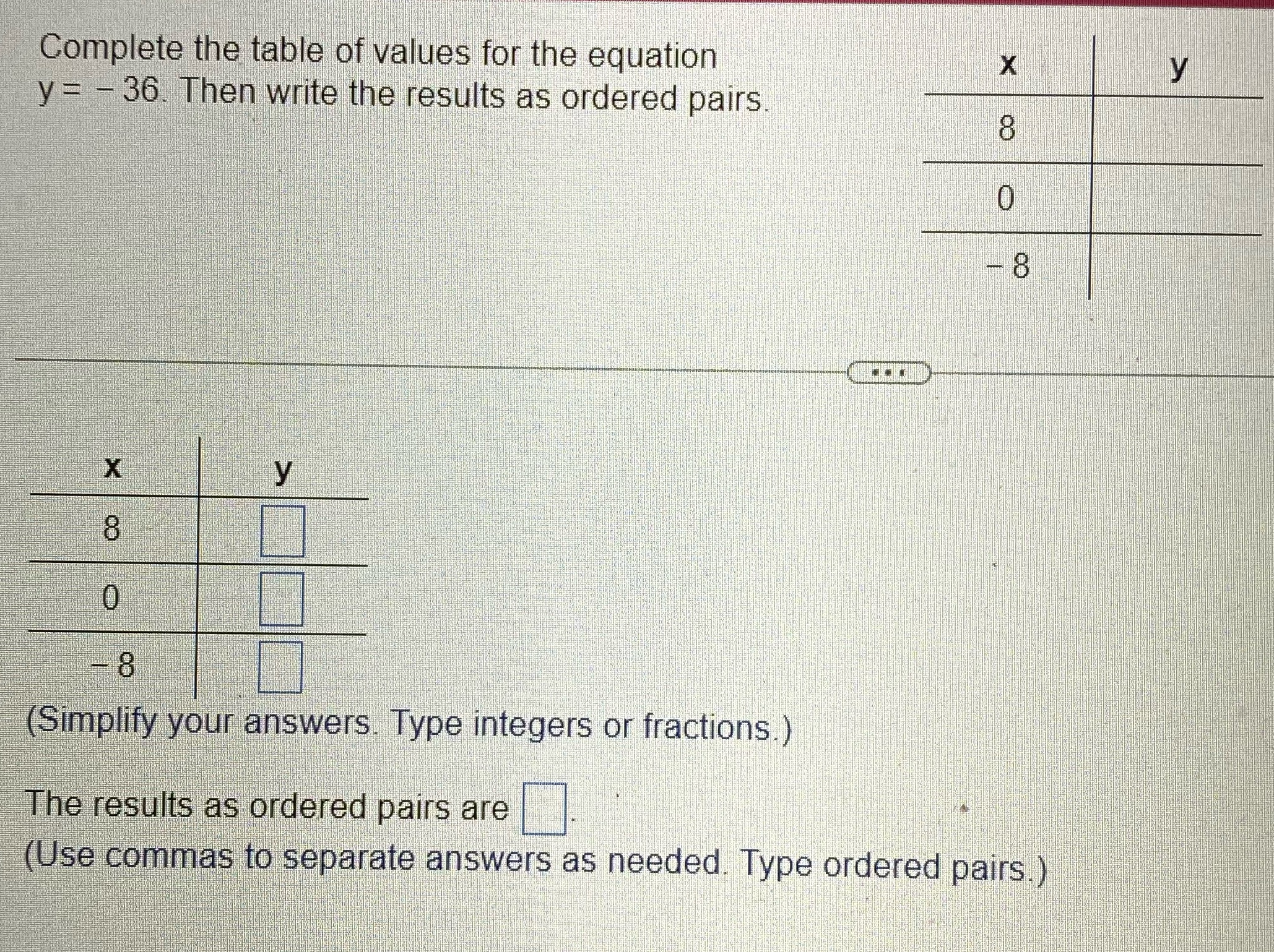 Complete the table of values for the equation X y