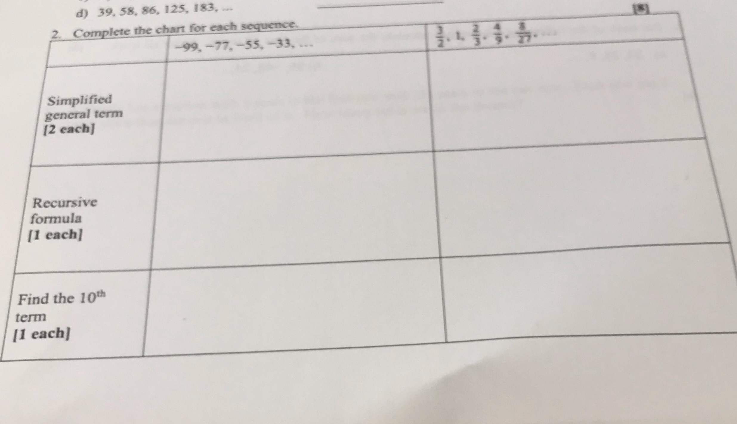 Answer please d) 39, 58, 86, 125, 183. .. 2.