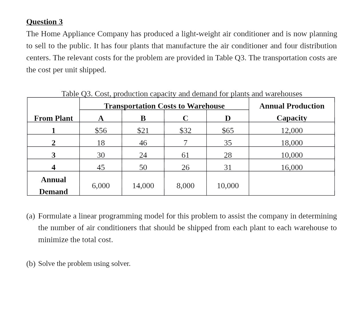 Question 3 The Home Appliance Company has